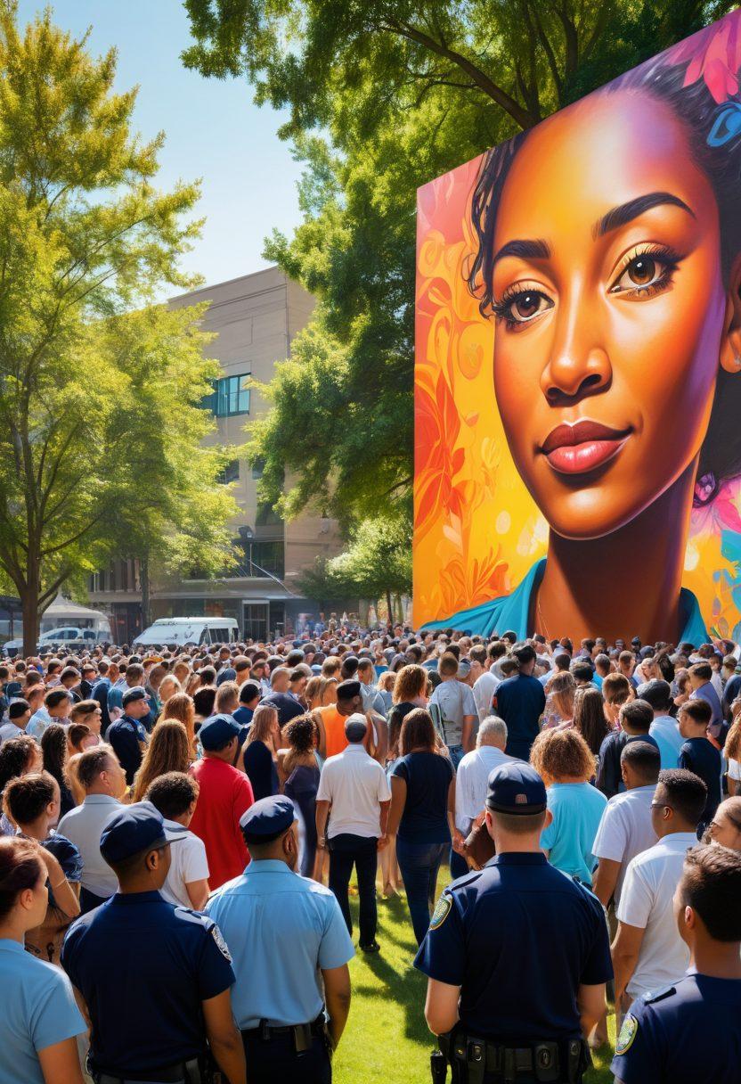 A vibrant community gathering in a public space, showcasing diverse individuals engaged in open dialogue, with symbols of safety like police officers and community volunteers present. The background features a vibrant mural that symbolizes unity and communication, while soft sunlight filters through trees creating a warm atmosphere. Emphasize facial expressions of connection and trust among people. super-realistic. vibrant colors. energetic composition.