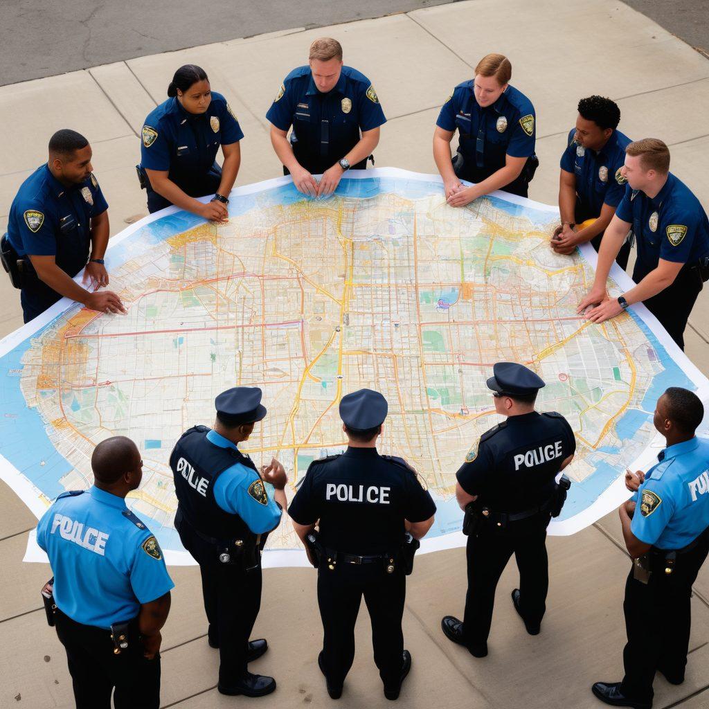 A dynamic scene depicting a diverse group of police officers engaged in collaborative activities, showcasing teamwork and strategy development. They are brainstorming around a large map with crime data, surrounded by tools for community engagement like flyers and safety posters. The setting should convey a sense of action and commitment to public safety, with police vehicles in the background and a community setting visible. Bright and engaging colors to evoke a sense of hope and proactive measures. super-realistic. vibrant colors.