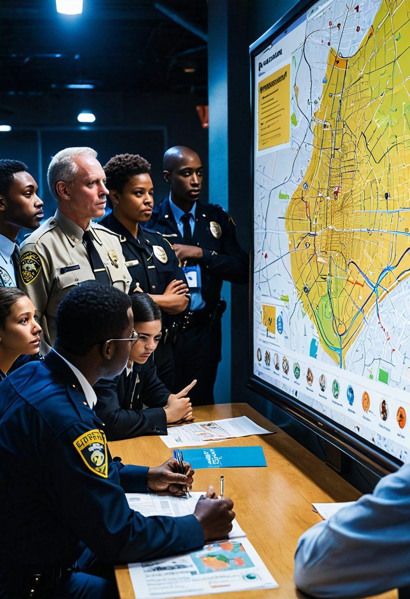 A dynamic community meeting scene featuring diverse citizens engaging in a discussion about safety strategies. In the foreground, a group of passionate individuals shares ideas, while a digital map displays crime hotspots and safety tips in the background. The atmosphere is vibrant, showcasing unity and empowerment in the fight against crime, with elements of community tools like neighborhood watch signs and protective gear. super-realistic. vibrant colors.